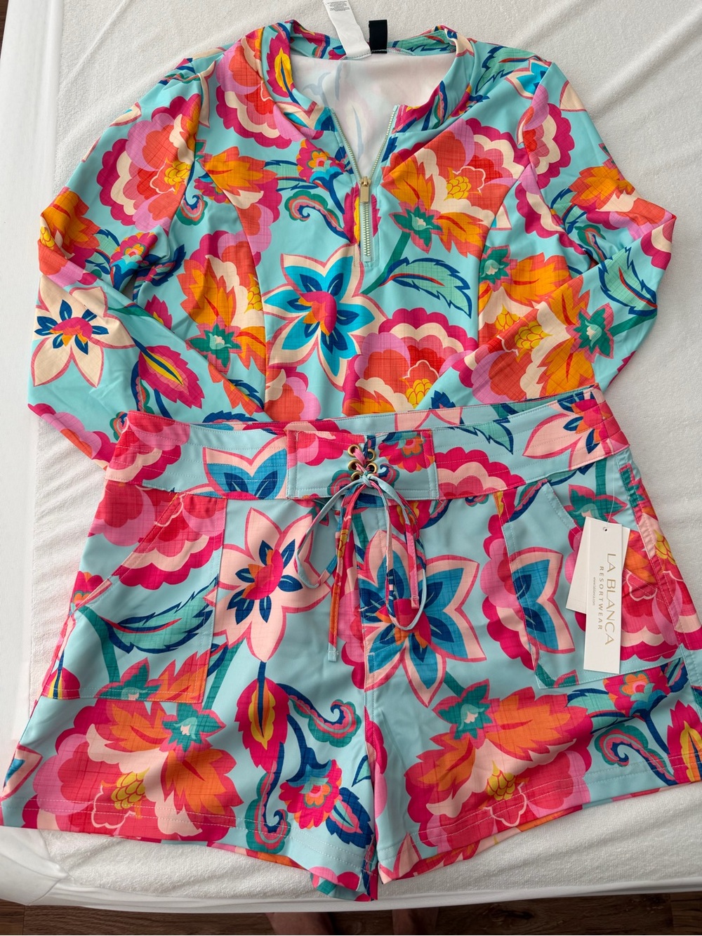 La Blanca Floral Aqua Pink Orange Long Sleeve Rash Guard set XL/L
